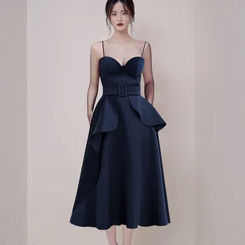 

2020 New Elegant Navy Blue Women Summer Vintage Long Dress Sleeveless Belt Strap Robe Femme Retro Swing Vestidos Party Dress