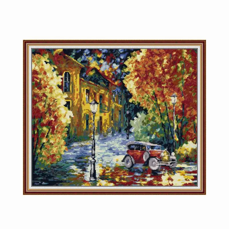 Cross Stitch Kits Street View After The Rain Stamped Patterns 11CT 14CT Printed Counted Fabric Thread Embroidery Needlework Sets