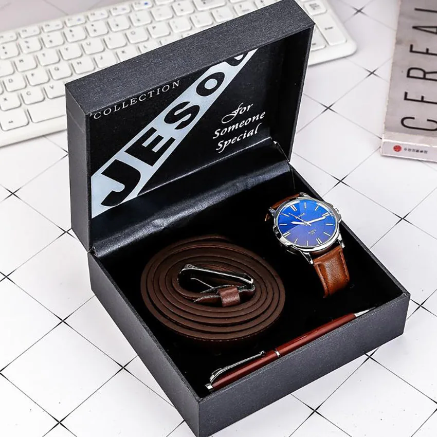 

2019 New Mens Watches Minimalist Quartz Leather Wrist Watch 3pcs / set Gift Set Belt Large Dial Pen Men Gift Set for Dad Husband