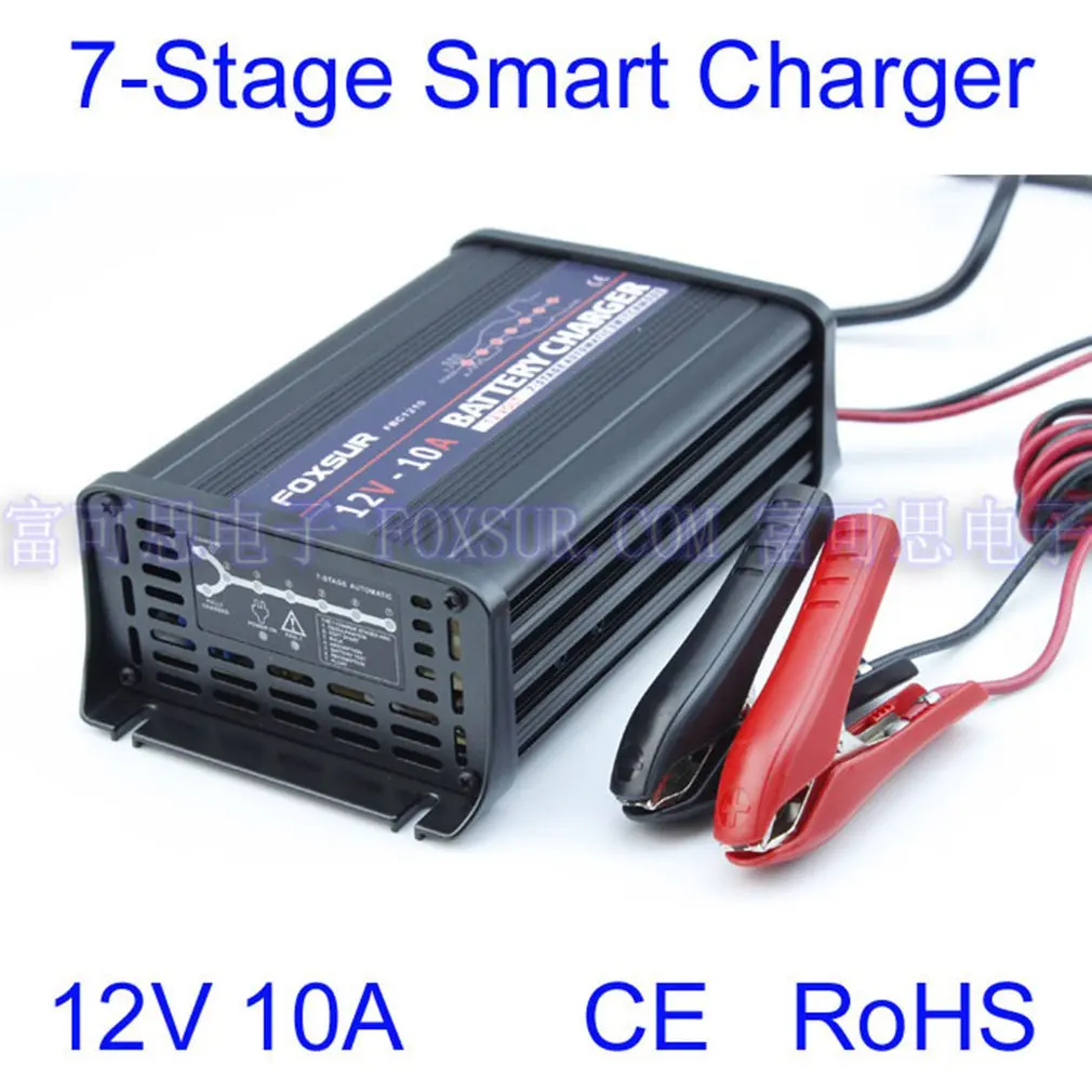 

FOXSUR 12V 10A Car Automatic Battery Charger 7-Stage Smart Lead Acid Pulse Repair Battery Charger MCU Maintainer Charger