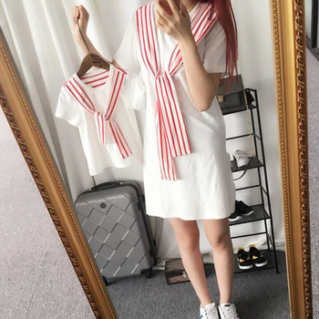 

2020 Family Matching Dresses Summer Mother Daughter Son Tops Clothes Fashion Mommy And Girls Me Striped Bow Tie Dresses
