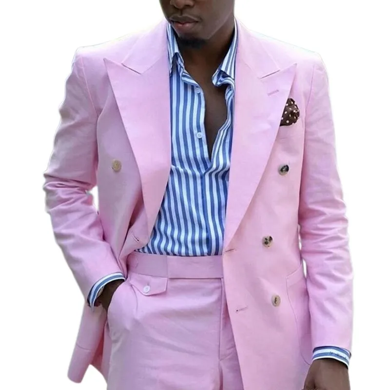 Pink Double Breasted Men Suits Peaked Lapel Casual Style Prom Male