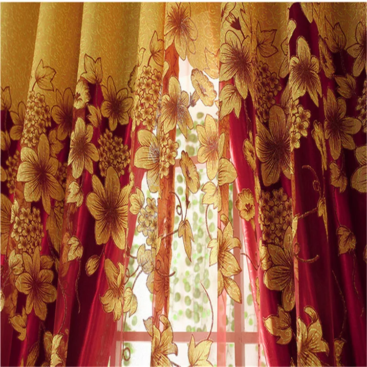 Европейские винно-красные, коричневые двухслойные декоративные оконные занавески с листьями для гостиной(1 затемненная занавеска и 1 вуаль