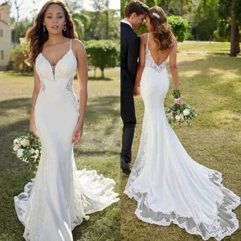 DREAM Customized Sexy Lace Mermaid Wedding Dresses Spaghetti Straps V-Neck Backless Appliques Sweep Train Bride Gown 2025