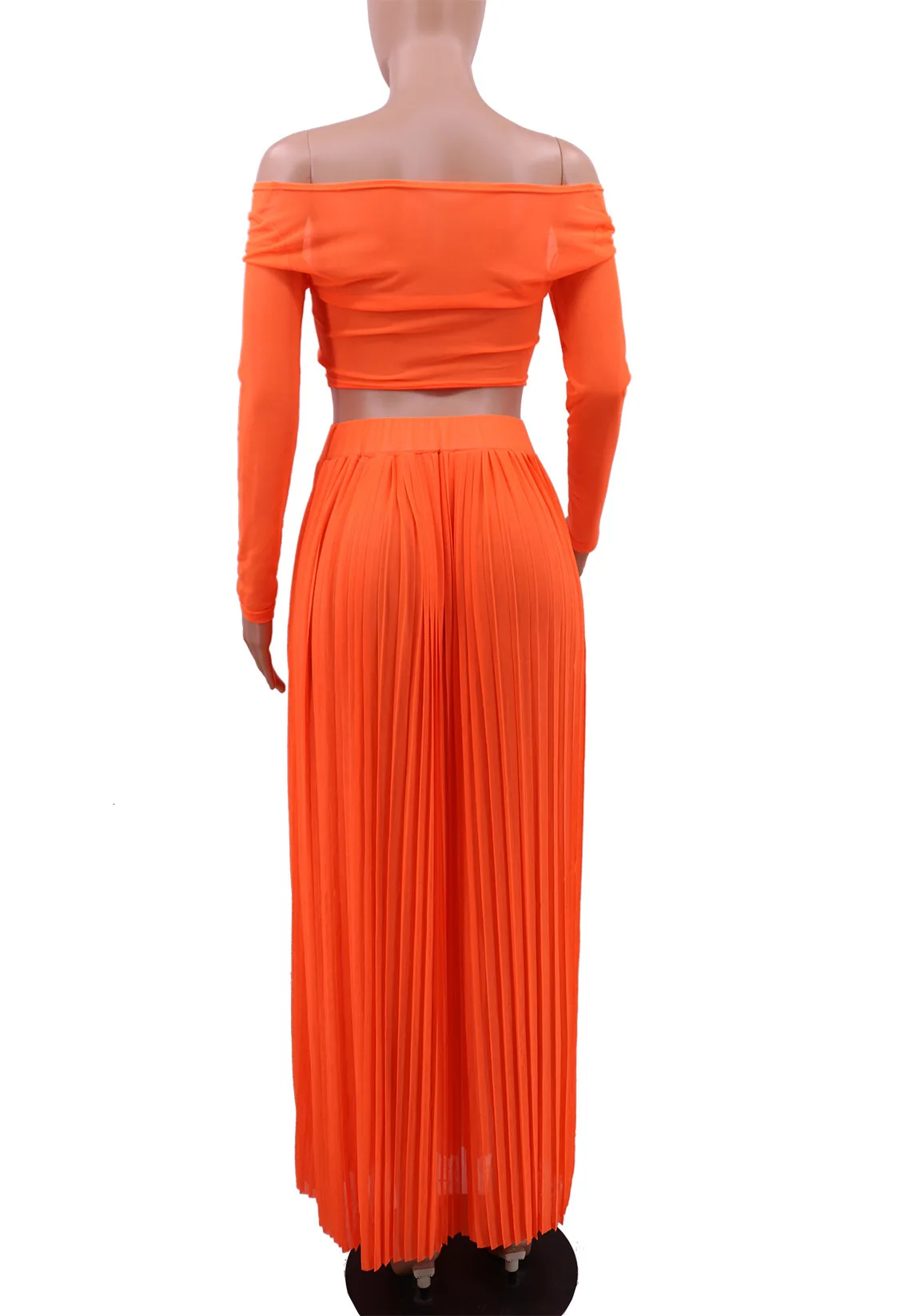 Неоновый оранжевый сексуальный комплект из 2 предметов для женщин, короткий топ с длинным рукавом и вырезом лодочкой, пляжные длинные юбки, прозрачный комплект из двух предметов