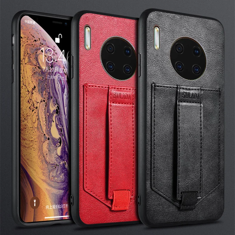 

Wristband Leather Case For Huawei Mate 30 20 Pro Back Cover Vintage Leather Shell Kickstand Business+Card Holder Slot Red/Black