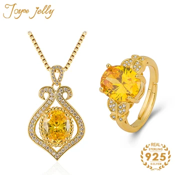 

JoyceJelly Charms Women Jewelry Set 925 Sterling Silver Yellow Gemstone Women Heart Necklace Ring Wedding Party Gifts Wholesale