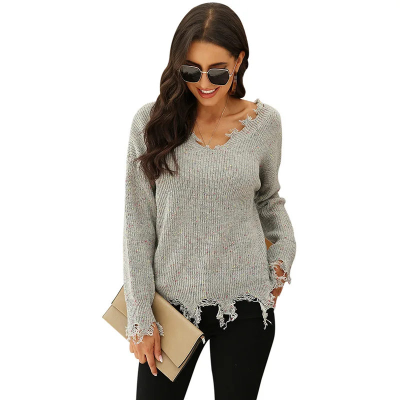 

2020 Autumn and Winter Women's New Products Colorful Dot Knit Sweater Europe and The United States Hole V-neck Pullover Women