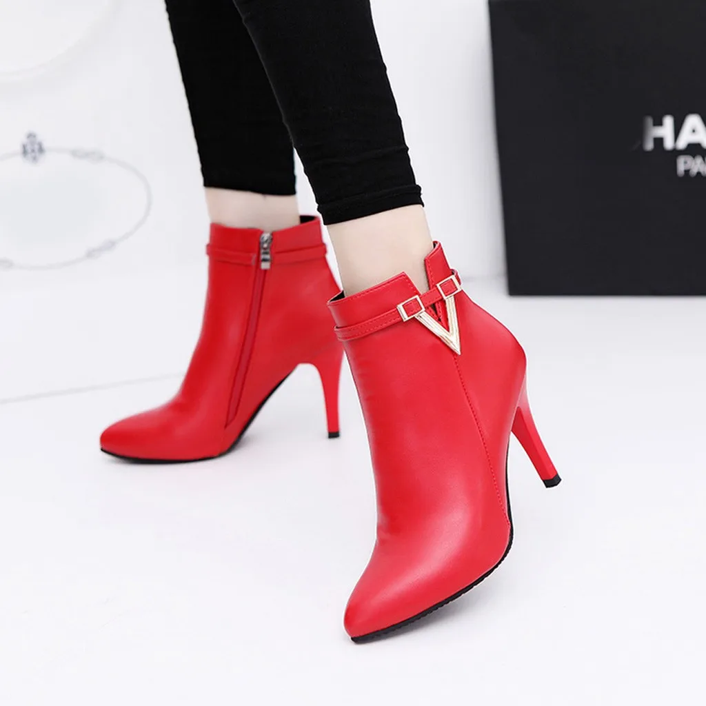 Женские красные кожаные ботинки с острым носком; сезон осень-зима; ботильоны; модная обувь на высоком каблуке-шпильке; женская обувь; Прямая