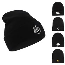 New Winter Hats For Women Men Beanies Embroidery Weather Sun Cloud Snowflake Knitted Hat Girls Female Warm Bonnet Hip Hop Caps