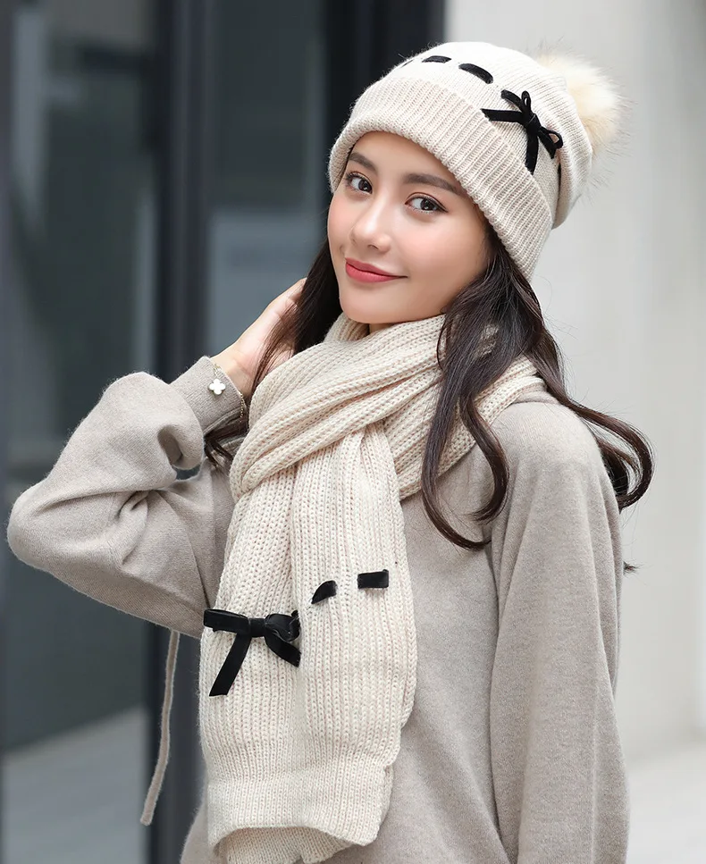 Зимняя женская шапка с помпонами шарф шапка и шарф перчатки Набор для женщин толстые теплые шапочки для девочек лыжный зимний комплект