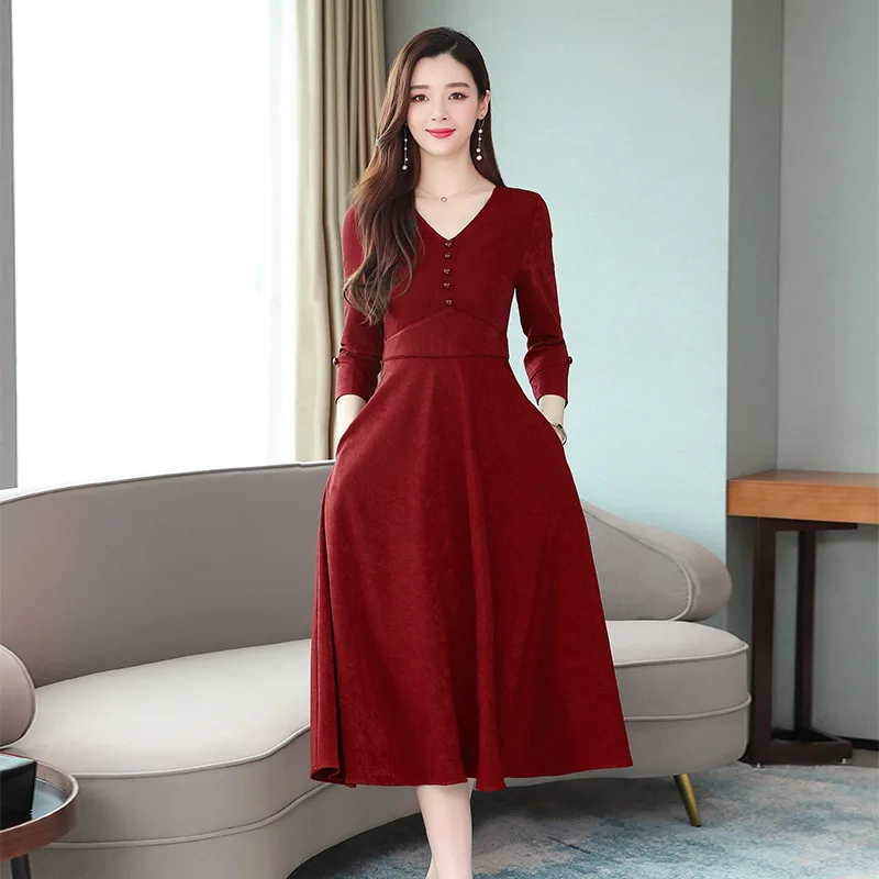 

New Style Women's Long-Sleeve Autumn over-the-Knee Base Long Skirts Elegant Waist Hugging Slim Fit Autumn And Winter Dress 2019