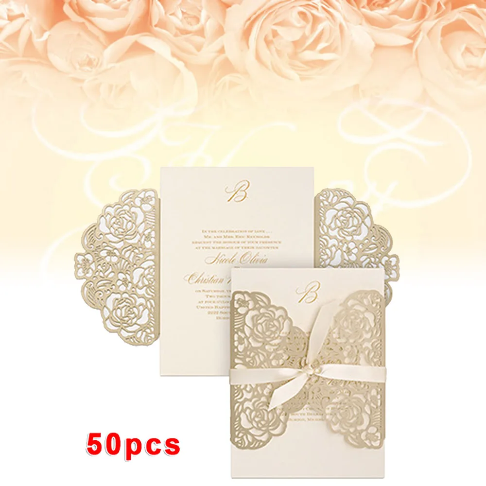  50pcs Folded Paper Hollow Exquisite Wedding Invitation & Greeting Card w/ Ribbon Holiday Greeting C - 4.00034E+12