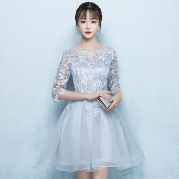 

Light Gray Womens O-Neck Mini Party Dress Sexy Evening Wedding Banquet Elegant Prom Lace Mesh Short Dress Gown Vestido XS-3XL