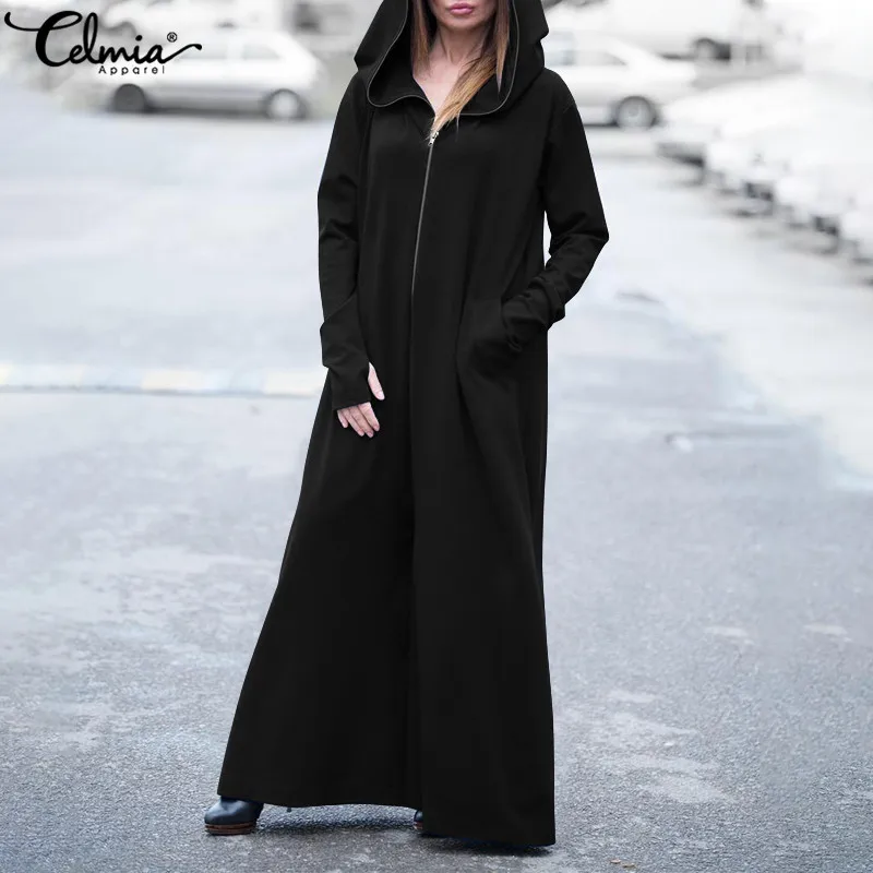 Hoody Jumpsuits Rompers Long-Sleeve Zipper Vintage Winter Women Wide Casual Celmia Loose