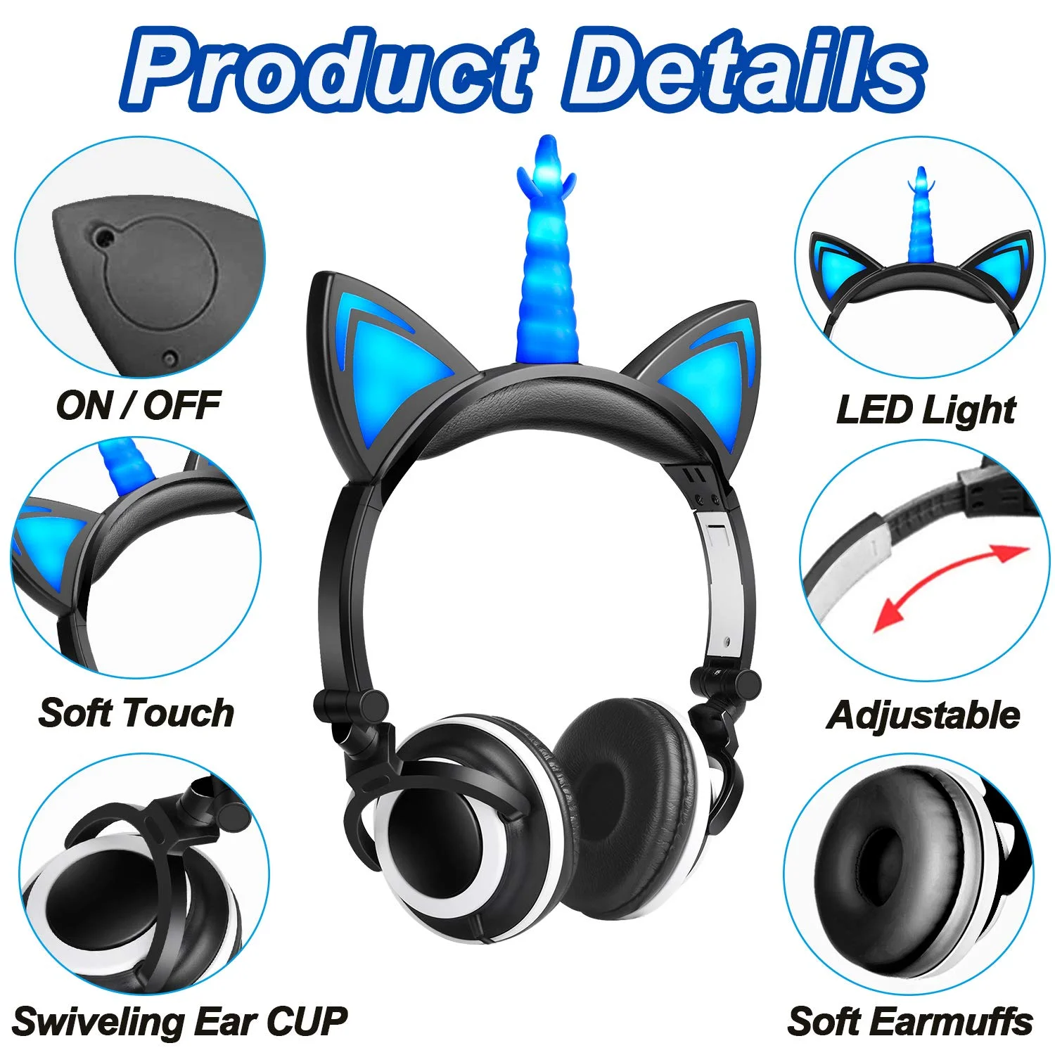 Glowing Unicorn Cat Ear LED Light Up Wired Adjustable Foldable On Over Ear Headphones for Game Travel School Birthday Gift Girls