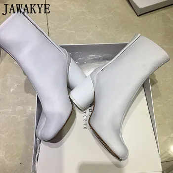 

White Black Real Leather Split Toe Boots Round High Heel Designer Fashion Shoes Winter Women's Hooked Ankle Boots