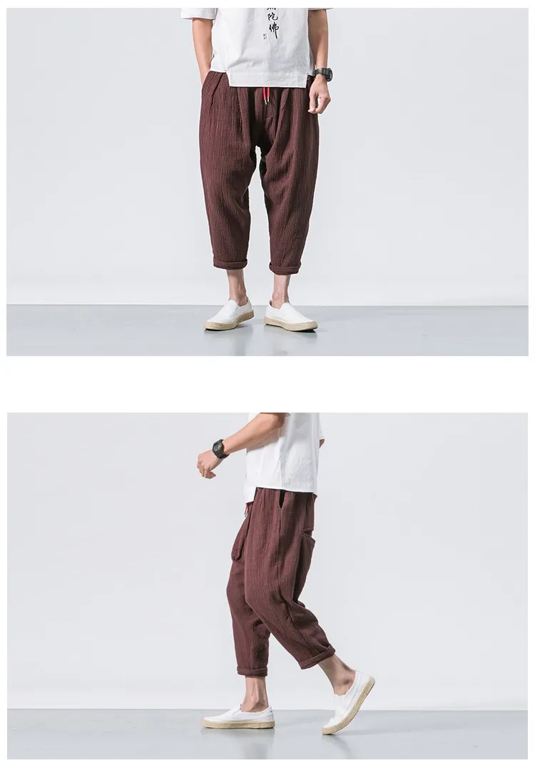 JDDTON New Men Summer Cotton Linen Harem Pants Fashion Low Gear Baggy Casual Loose Cropped Pants Drawstring Male Trousers JE076 high waisted harem pants