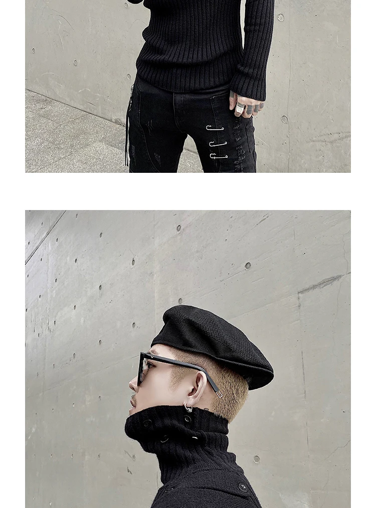 Men Turtleneck Sweater Pullover Casual Solid Color Slim Cargo Button Knitted Sweater High Street Designer Winter Warm Sweaters
