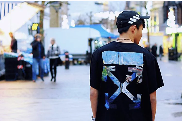 Граффити картина маслом стрела 19ss Off-White OW мужские и женские парные модели влюбленных Модная хлопковая футболка с круглым вырезом и коротким рукавом