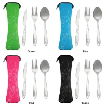 

4pcs Portable Tableware Set Stainless Steel Spoon Fork Steak Knife Dinner Set Cutlery Outdoors Camping Travel Tableware with Bag