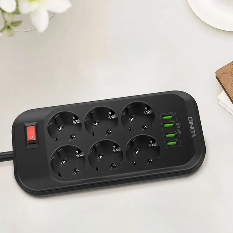 Электрический сетевой фильтр с европейской вилкой 4 USB порта 6 розеток 2500 Вт 250 В 2