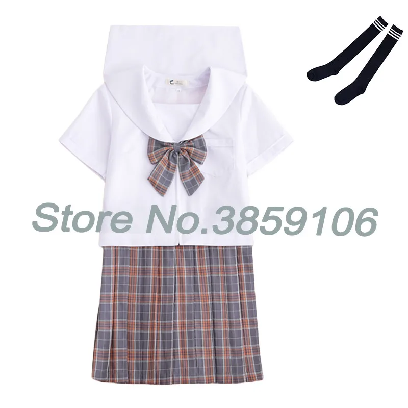 Yellow A With Socks UPHYD 3 цвета японская школьная форма для девочек Аниме COS костюм моряка белые топы+ галстук+ юбка JK одежда для студентов - Цвет: Yellow A With Socks
