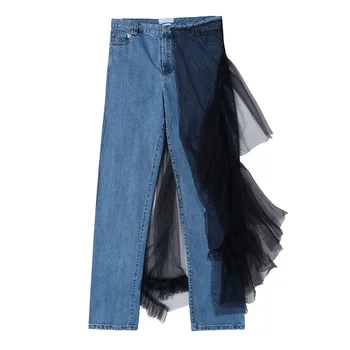 

WOMENGAGA NEW 2020 Summer Womens Blue Patchwork Lace Mesh Pencil Pants Stretch Cowboy Fashion Girl Female Jeans Q009