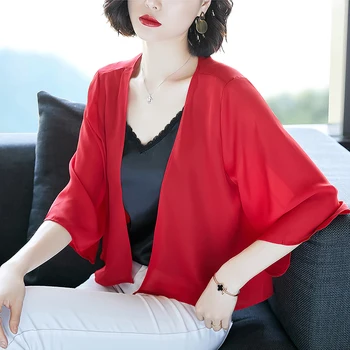 

Three Quarter Sleeve Shirt Womens tops Chiffon Women shirts Sky Blue Gray White Red Black Apricot 3463