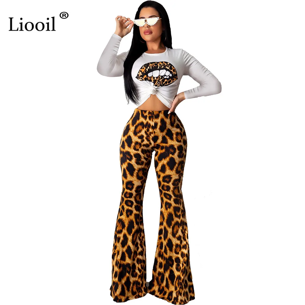 

Liooil Lip Print Two Piece Tight Jumpsuit Women Fall 2019 Long Sleeve Club Romper Leopard Wide Leg Pants Party 2 Piece Jumpsuits