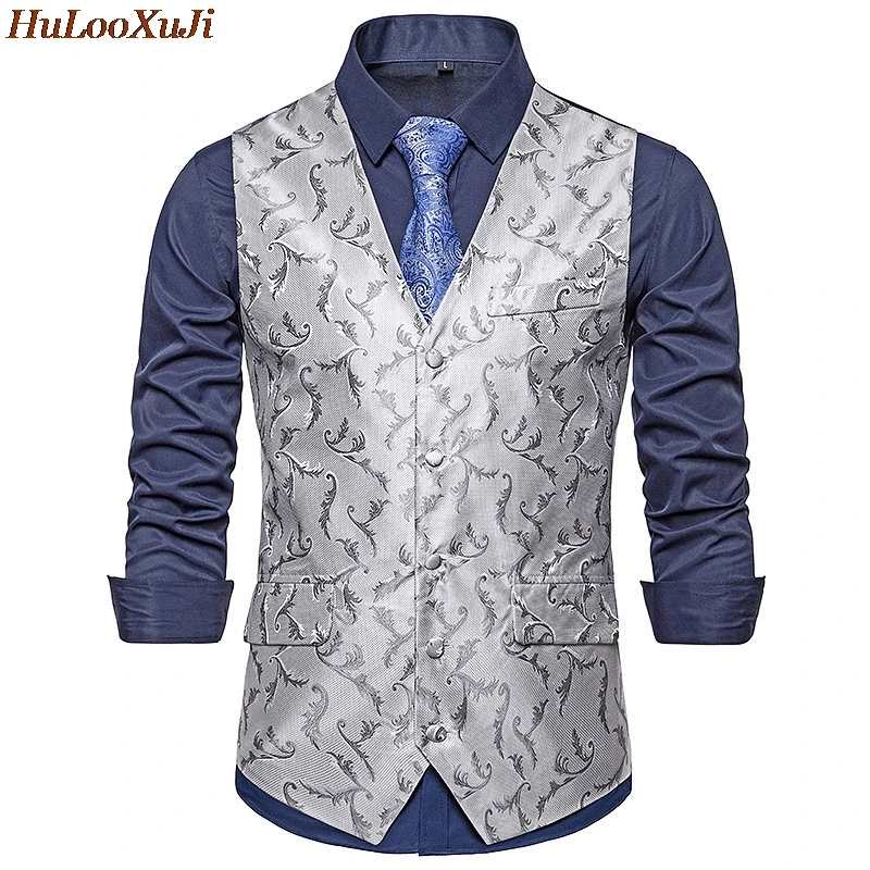 HuLooXuJi деловые жилеты для мужчин Slim Fit винтажный принт v-образный вырез Формальное приталенное платье костюмные жилеты Размер США: S-2XL