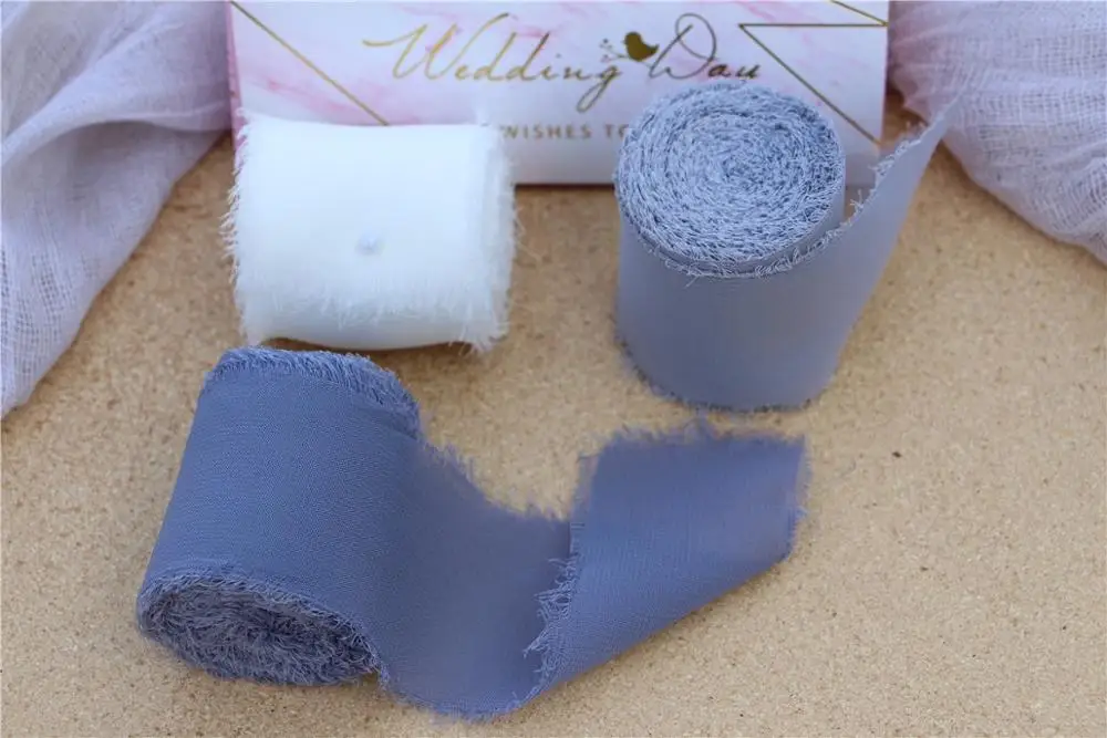 Ivory Gray DustyBlue 3 шт. отвесные потертые обрезные шифоновые шелковые ленты Свадебные приглашения букеты ручной работы лента с бахромой рукоделие Подарочная упаковка Flatlays Prop - Цвет: Ivory Gray DustyBlue
