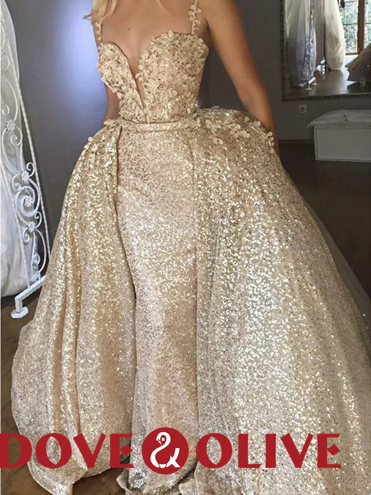 Gold Sequined Evening Dresses 2020 Detachable Over-Skirt Spaghetti Strap Bling Prom Dresses with Floral Mermaid Sweetheart white evening dresses