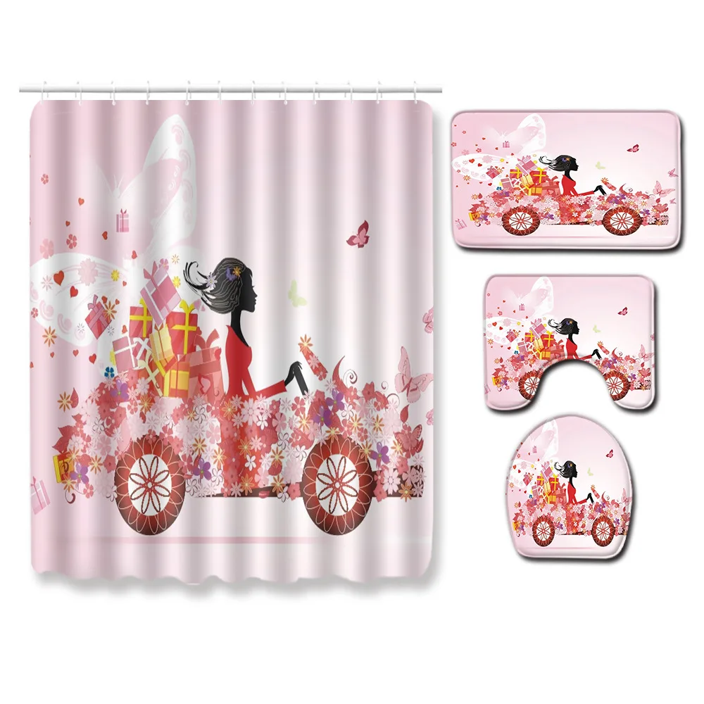 7285 Zeegle Cartoon Butterfly Bath Mat Set Waterproof Shower Curtain with Hooks Pedestal Rug Lid Toilet Cover Anti-slip Bath Mat Set - Цвет: 7285
