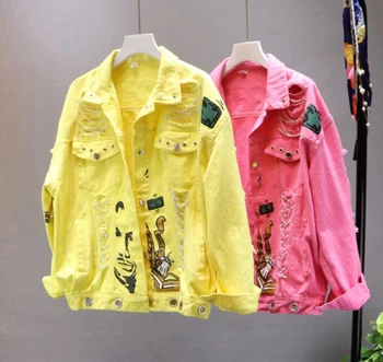 

2020 New Jeans Jacket New Spring Autumn Women's Graffiti Alphabet Printing Lace Bow Pin Hole Denim Jacket Student Basic Coat Top