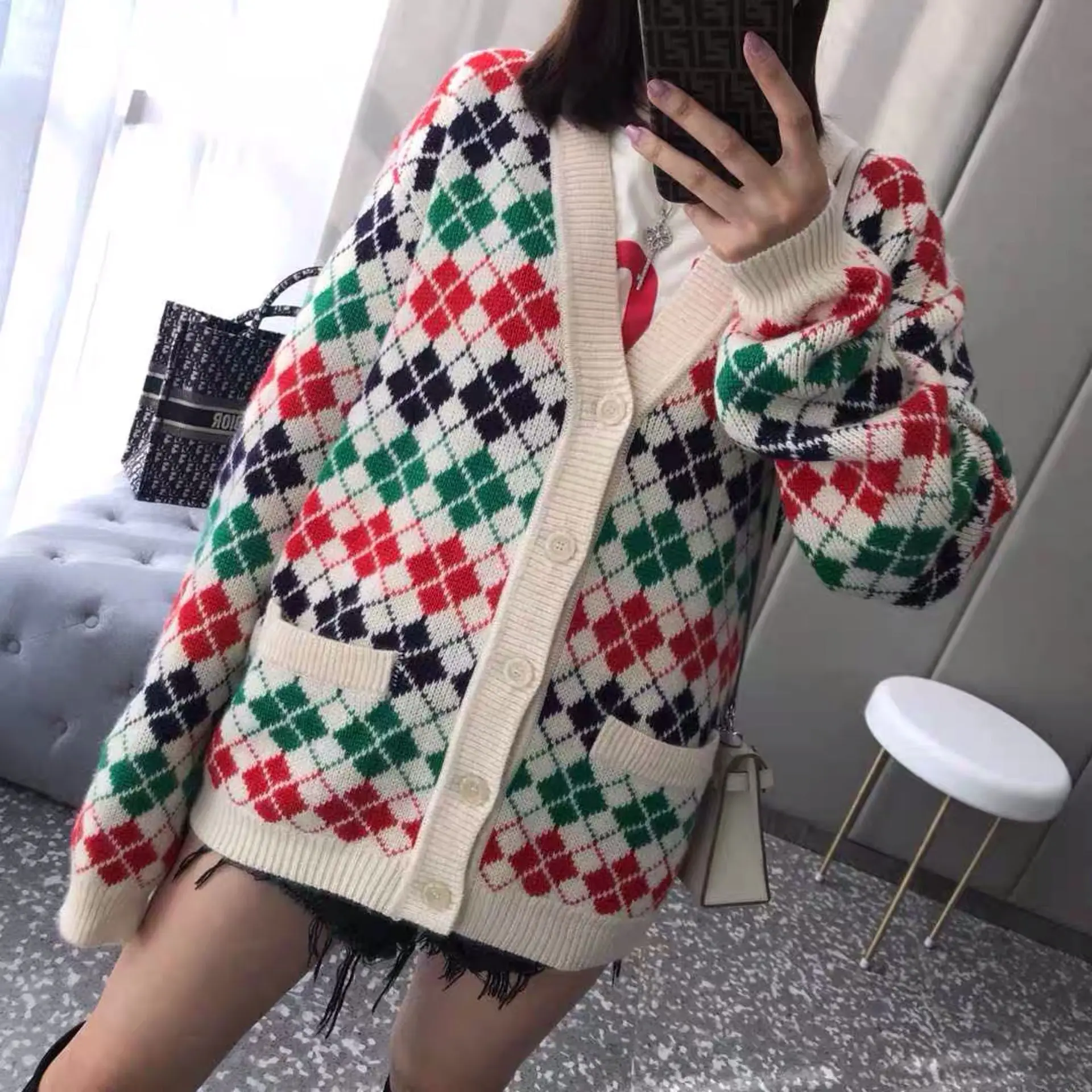 Plaid Sweater Women Colorful Christmas Cardigan Knitted Coat Winter Couple Wear Oversize Vintage Man Tops Clothing Jumper femme