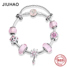 925 пробы Серебряный женский роскошный браслет розовый эмалированный цветок стеклянные бусины очаровательный браслет для женщин вечерние ювелирные изделия DIY подарок