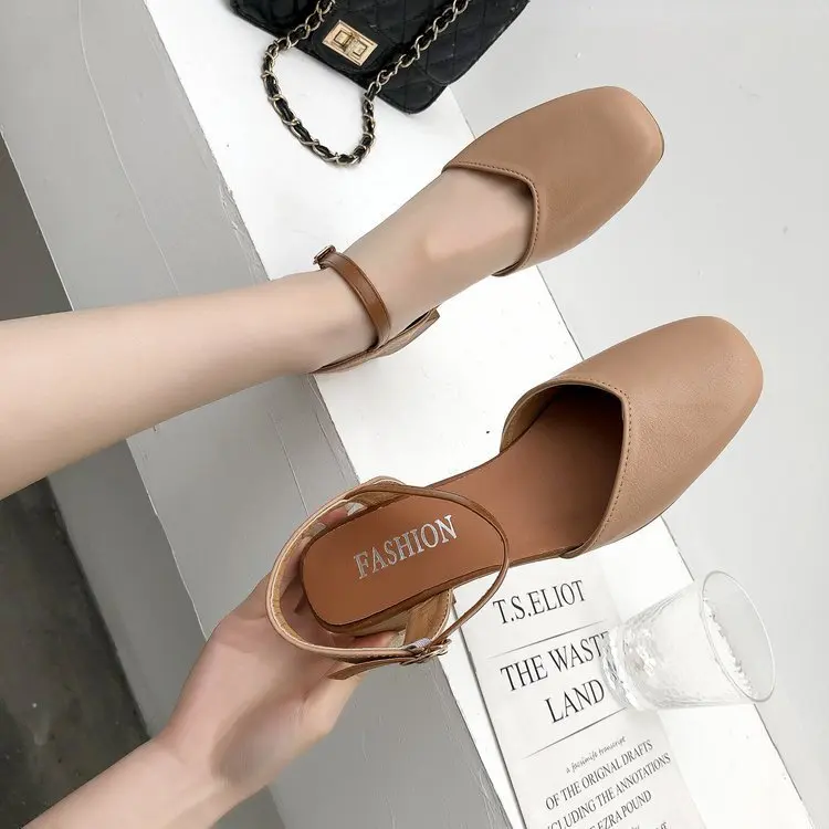 

2019 New Style Summer Super Fire Red Closed-toe Fairy-Style Sandals Women's A- line Buckle Versatile Chunky-Heel Semi-high Heele