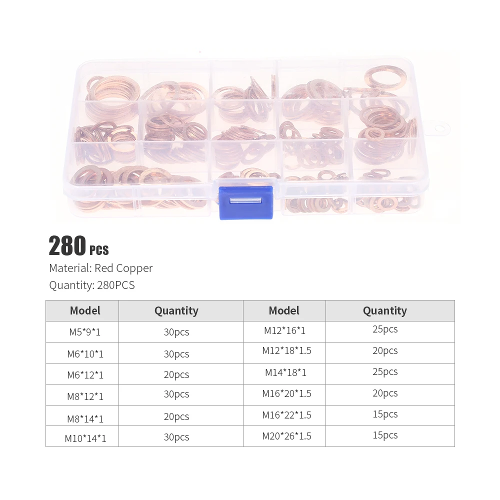 

Hot 280pcs M5-M20 Copper Washers Gasket Set Flat Sealing Ring Seal Assortment Kit with Box 12 Sizes for Hardware Accessories