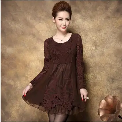 New Women Dress 2020 Middle Age Womens Autumn Winter Retro Elegant Ladies Ethnic Embroidery Crochet Lace Dresses J7 | Женская одежда