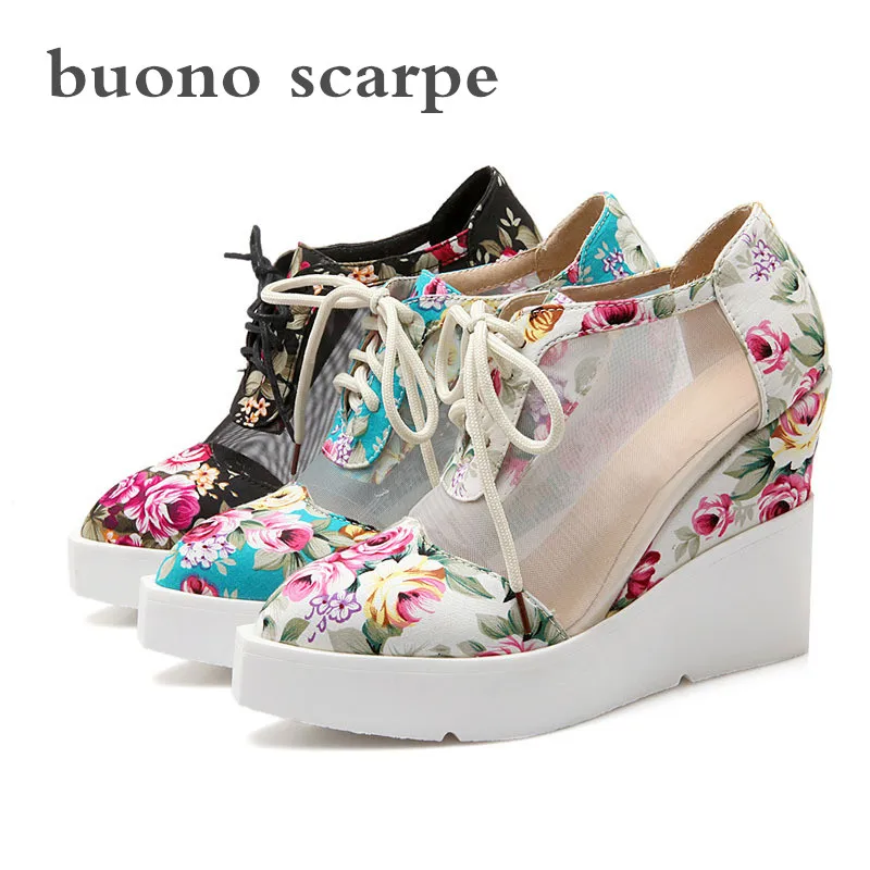

Mesh transparent high slope with ethnic style printed pointed lace-up shoes
