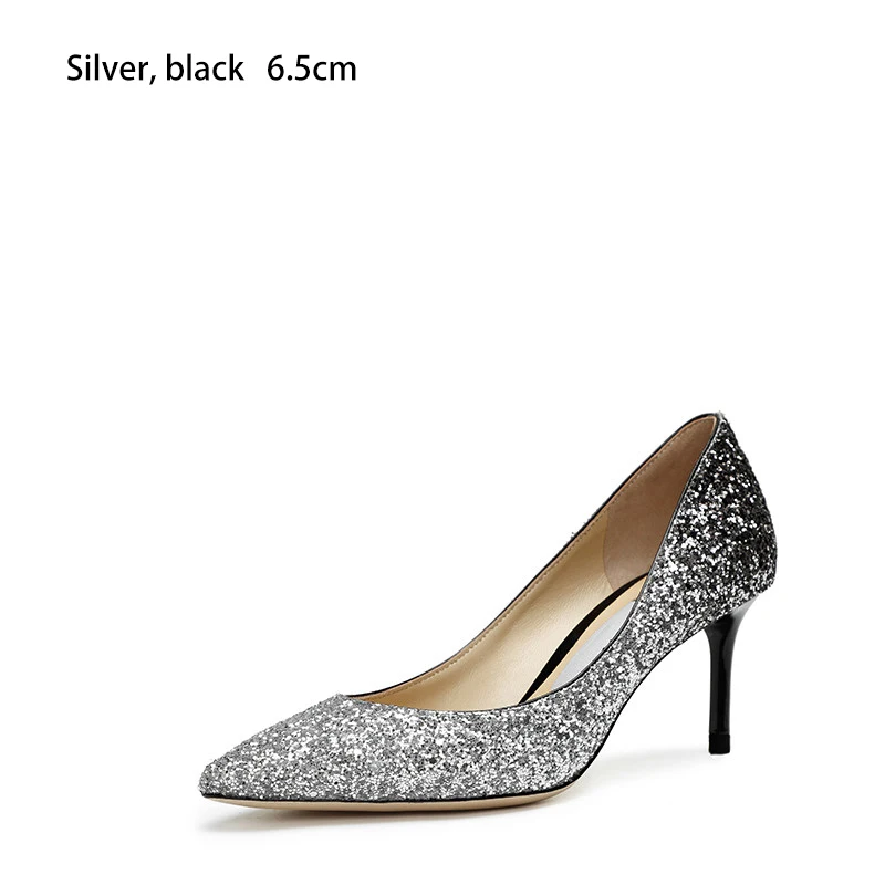 Женские модные черные туфли на высоком каблуке-шпильке с острым носком, расшитые блестками; Туфли на каблуке с гальваническим покрытием в Звездном стиле; красные вечерние туфли с ремешком на пятке - Цвет: Silver  black  6.5cm
