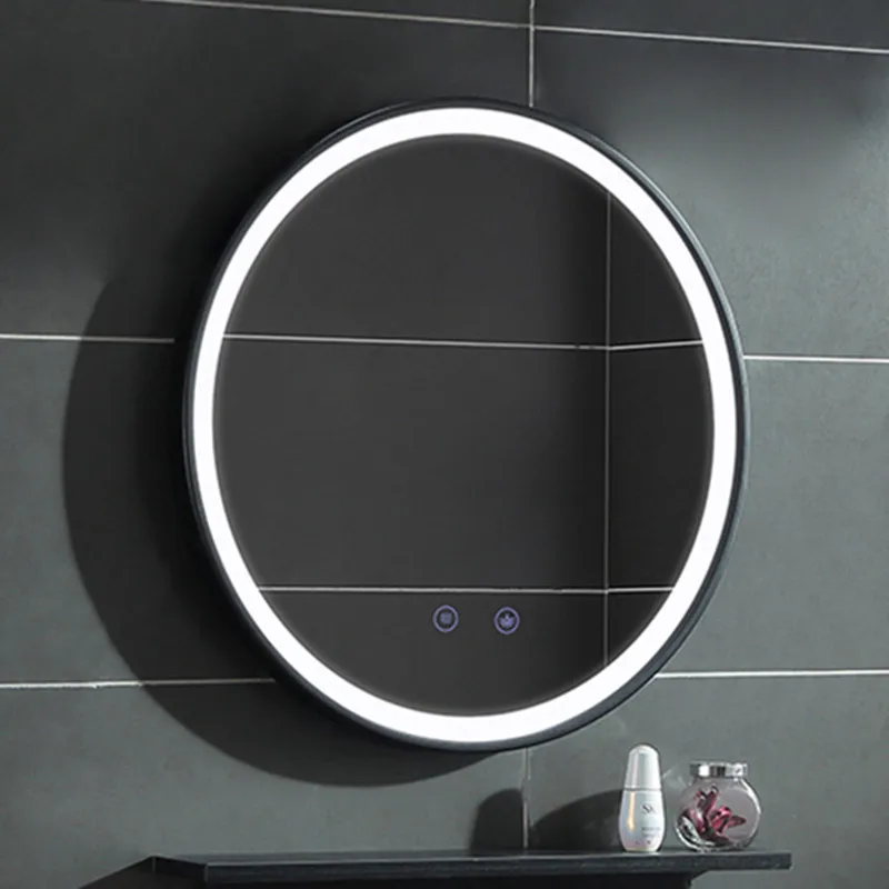 Special Price Smart Touch LED Light Light Bathroom Mirror Anti-fog Wall Hanging Makeup Mirror Black Frame Wrought Iron Edge Round Mirror