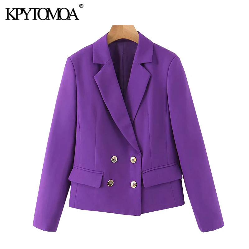 

KPYTOMOA Women 2020 Fashion Double Breasted Cropped Blazer Coat Vintage Notched Collar Long Sleeve Female Outerwear Chic Tops