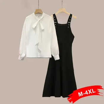 

Plus Size Fashion Bow Tie Shirts Blouse+black Slim Strap Midi Long Vest Dresses Autumn Spring Elegant Suits Women 2 Piece Set
