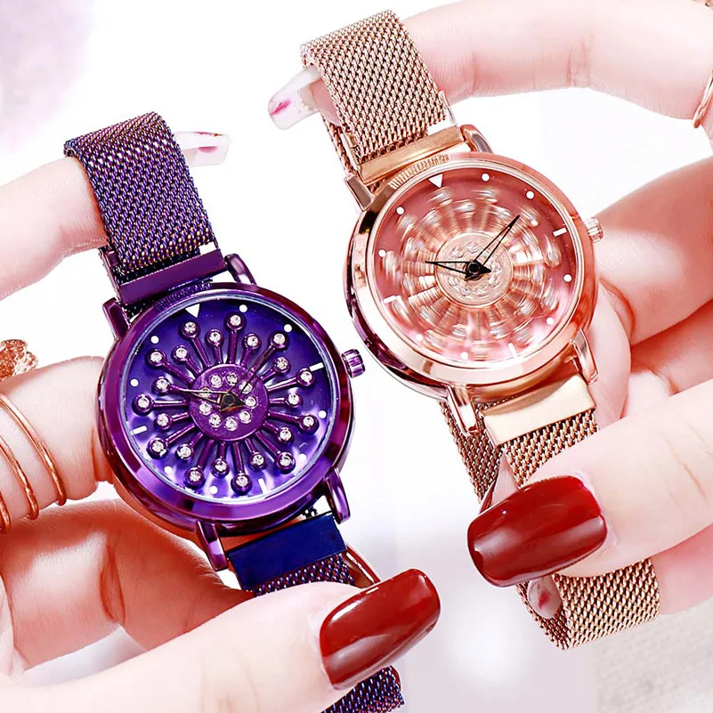 360 градусов вращения женские часы сетка магнит женские часы со стразами Роскошные Модные Цветочные Кварцевые часы Relogio Feminino