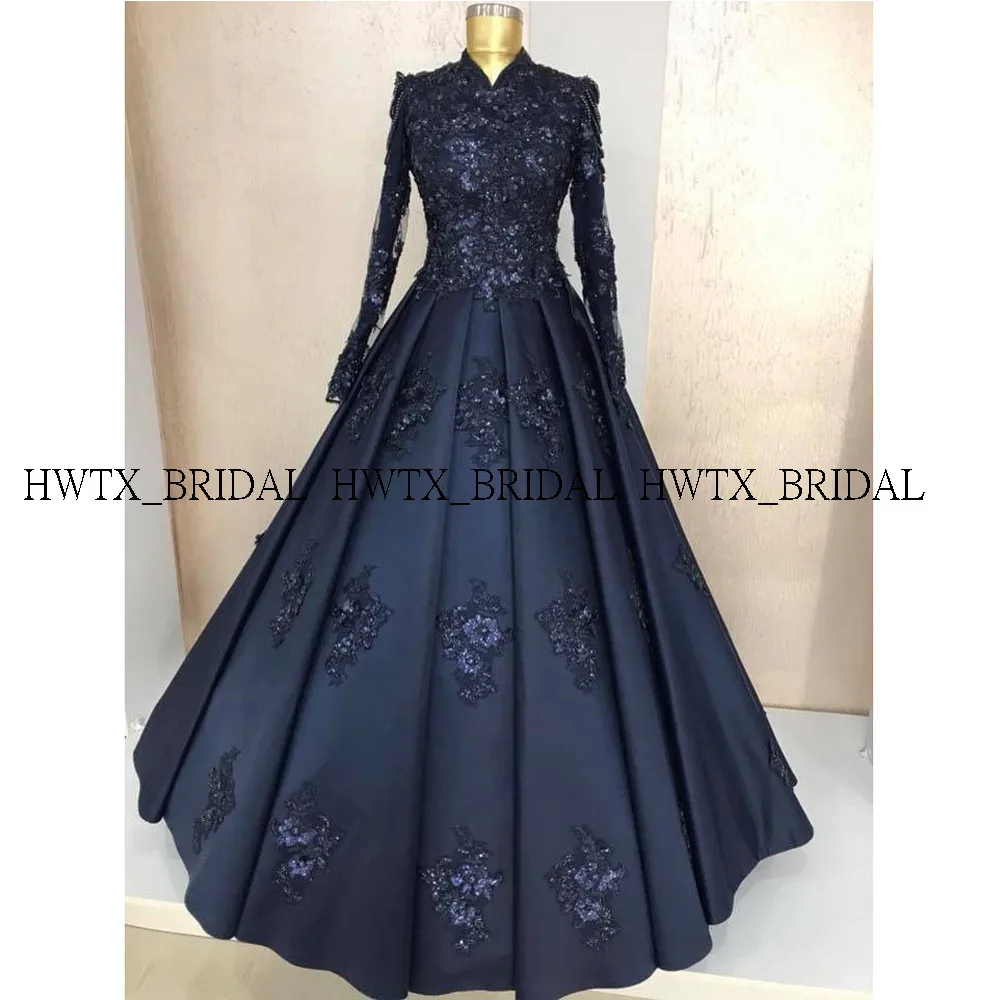 

Elegant Navy Blue Muslim Evening Dress 2020 New Customize Long Sleeves High Neck Formal Party Ball Gown With Appliques Beading