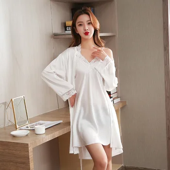 

Pink Bride Bridesmaid Wedding Robe SUIT Female Lace Trim Sleepwear 2PCS Nighty& Bathrobe Set Satin Nightgown Intimate Lingerie