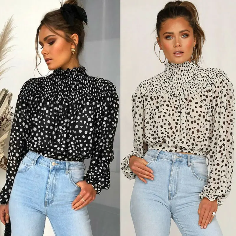 

2019 New Arrival Women Tops Casual Turtleneck Long Sleeve T-shirt Spring Autumn Chiffon Polka Dots Shirt