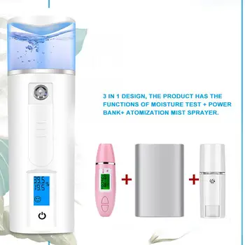 

USB Charging 3 in 1 Face Mister Handy Nano Atomization Mist Sprayer Power Bank&Moisture Content Test Face Spa Steamer